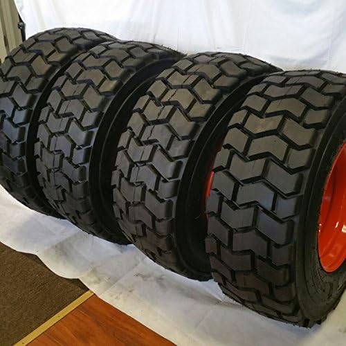 Set of Four (4) 12-16.5 ROAD CREW SKS-4 12 PLY Skid Steer Loader Tire with Orange Color Rims mounted, SKS-4