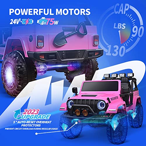 Joywhale 24V 2 Seater Kids Ride On Car Truck 4Wd Battery Powered Motorized Easy-Drag Truck, With 4X75W Powerful Engine, Soft Braking, Remote Control, Suspension & Free Car Cover, 2023 New Model, Pink #TOP1
