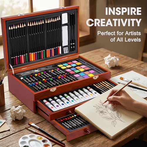 TMOL Art Supplies, 175-Pack Deluxe Art Set Drawing Painting Kit with 2 Drawing Pads, Acrylic Paints, Colored Pencils, Crayons, Art Kit in Wooden Case, Gift for Artist, Adults, Teens and Kids by TMOL - Image 4