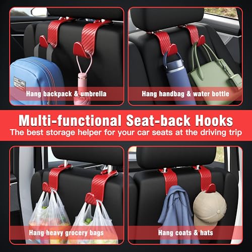 Image of 4-Pack Car Headrest Hooks Holds 55lbs Seat Storage Organizer for Bags | Durable ABS Material, 360 Rotating, Car Hanger for Backpack Umbrella Water Bottle Coat Handbags Groceries, Checkered Red