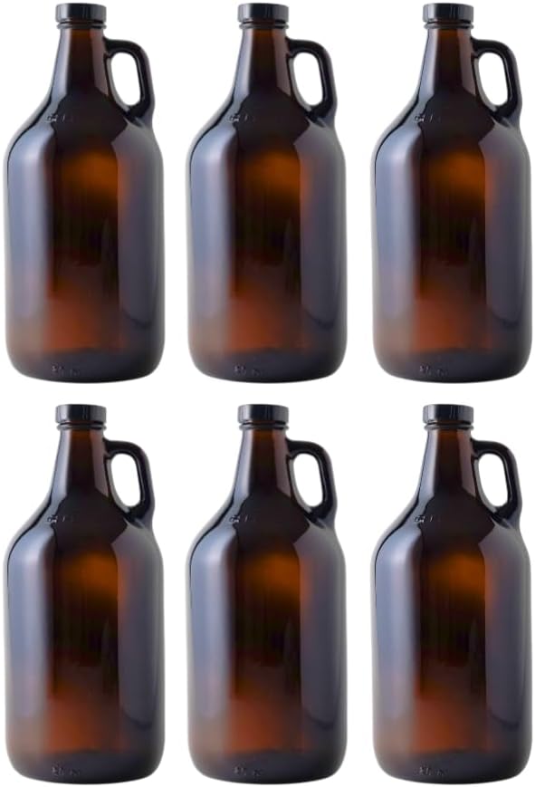 FastRack 1/2 Gallon Amber Growlers (Case of 6), 64oz, Brown with 6 Polyseal Caps
