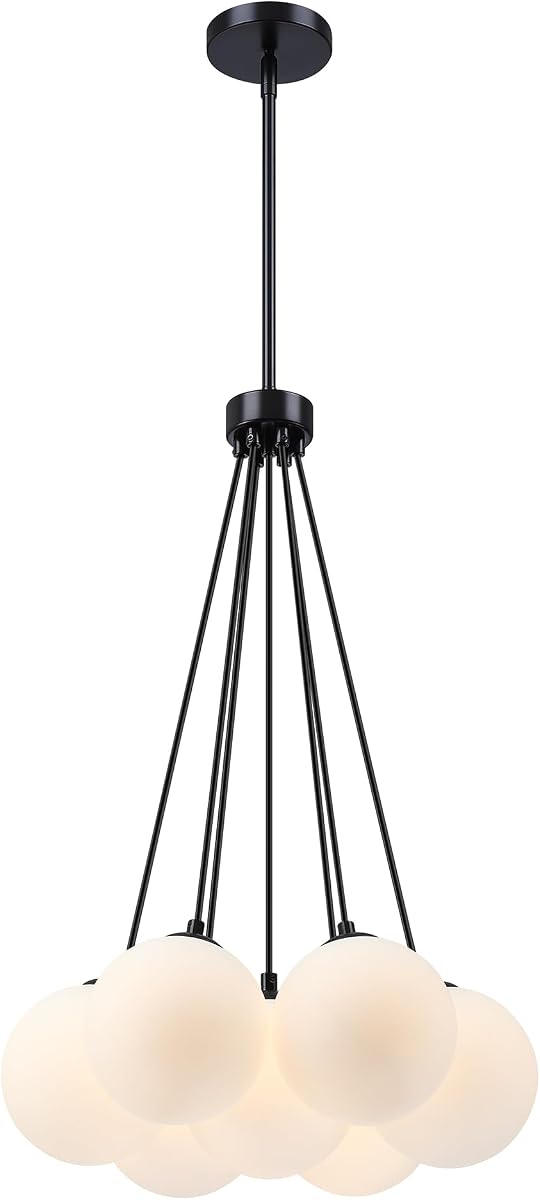 MEXO Modern Sputnik Glass Chandelier,Opal White Globe Pendant Light, Black Sputnik Bubble Glass Ceiling Light Chandelier for Bedroom, Living Room & Dining Room
