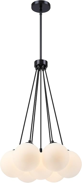 MEXO Modern Sputnik Glass Chandelier,Opal White Globe Pendant Light, Black Sputnik Bubble Glass Ceiling Light Chandelier for Bedroom, Living Room & Dining Room