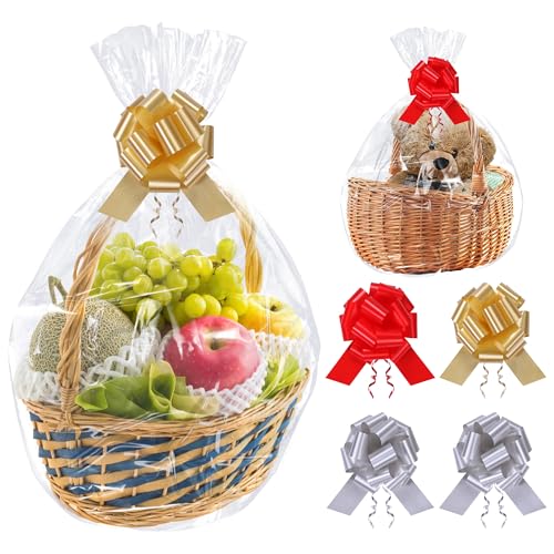GXFCING Set di Sacchetti Grandi in Cellophane per Cesti Regalo, Inclusi 6 Sacchetti di Plastica da 100 x 70 cm e 6 Fiocchi e Lacci, Sacchetti di Carta Trasparenti per Cesti e Bouquet