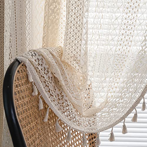 Gyihoong Boho Sheer Curtains, Macrame Lace Semi-Sheer Crochet Curtains & Drapes, 2 Panels 63 Inch Long Vintage Tassels Windows Curtains Panels For Bedroom Living Room (59" X 63" Beige) #TOP4
