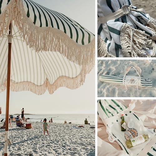 Beach Umbrella for Sand with Fringe – Luxury Boho Outdoor Umbrella for Beach, Pool, Garden, UPF 50+ Wood Shaft Metal Fittings Round with Carry Bag From The Beach Bums of Cape Town (Forrest Green Stripe) by The Beach Bums of Cape Town - Used condition - Image 5