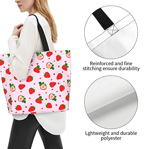 Cute Heart Strawberry Large Tote Bag For Women Casual Shoulder Bag Handbag Waterproof Crossbody Handbags Reusable For Beach Travel Grocery Shopping For Women Gifts #TOP2