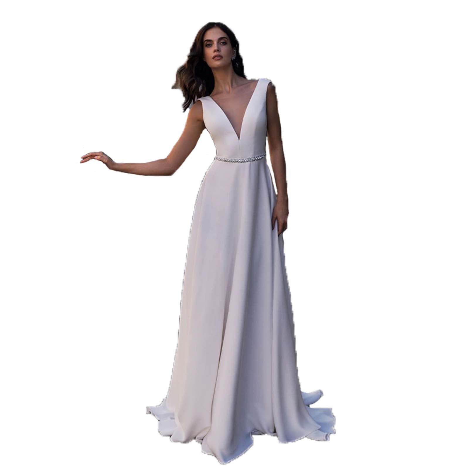 Vestido de Sirena sin Mangas de Satén de Boda Doble Cuello V Vestido de Noche de Boda, Blanco, 16