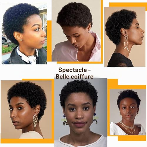 Perruque cheveux humains afro crépus bouclés coupe Pixie noire courte sans colle faite machine