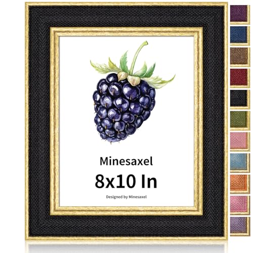 Minesaxel 8x10 Picture Frame - Black Fabric & Vintage Gold Border HD Real Glass with Easel for Tabletop/Wall (Family Photos, Modern Decor 1 Pack)