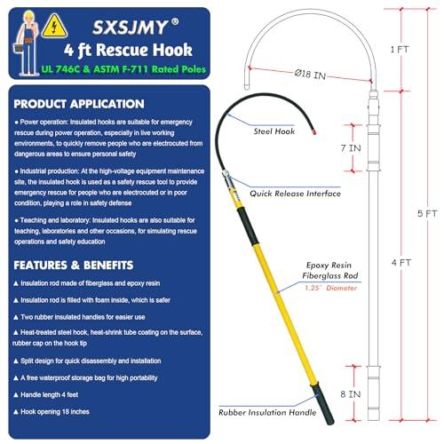 Image of 4FT Insulated Rescue Hook Withstand 35KV,UL-Certified Hotstick Rescue Hook | High Voltage Electrical Rescue Hook ASTM F711 Compliant Fiberglass Rescue Pole with 3 Style Hooks & 10KV Insulated Gloves