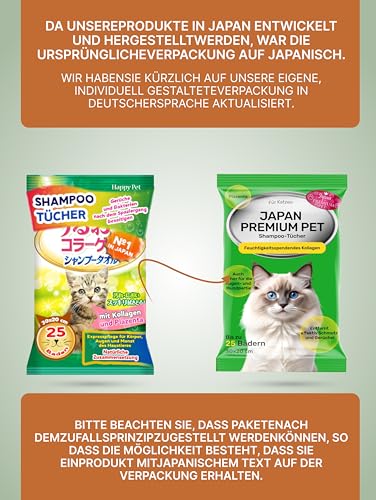 Japan Premium Pet Katzenshampoo Handtuch | Reinigungstücher, die wie Trockenshampoo für Katzen wirken | Reinigen & desodorieren mit unserem Katzenhandtuch mit Kollagen & Plazenta| 25 St | (20 x 30 cm)