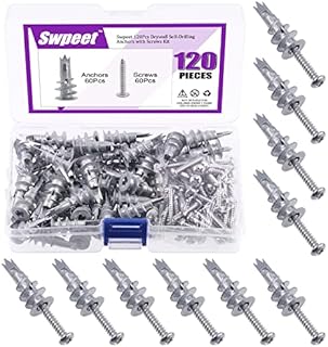 Swpeet 120Pcs Heavy Duty Zinc Self Drilling Drywall Anchors with #8 x 1-1/4'' Screws Kit, No Pre Drill Hole Preparation Required - Self-Tapping Drywall Anchors for Hanging and Mounting