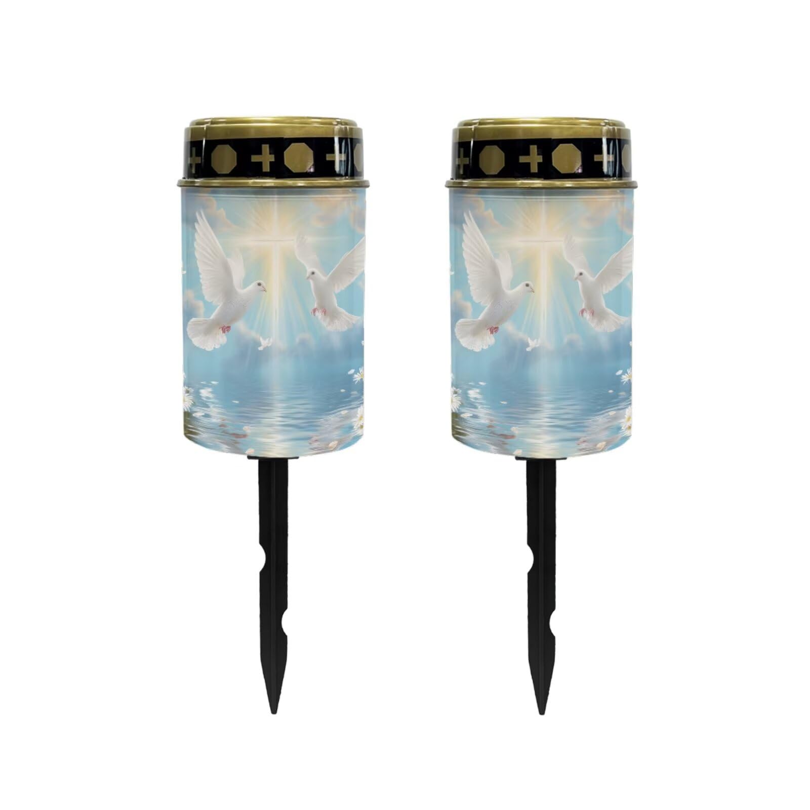 Poceacles Dove of Peace Cross Daisy Print Blue Solar Lights Outdoor Waterproof Cemetery Solar Outdoor Candle Grave Decoration Votive Candles Blessed Lights for Loss of Loves One, 2 Pieces