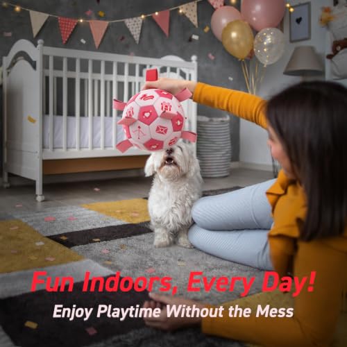 Image of QDAN Dog Birthday Toys, Pink Soccer Ball with Straps, Interactive Tug of War Toy, Puppy Birthday Gifts, Water Toy, Durable Dog Balls for Medium Large (8 Inch)