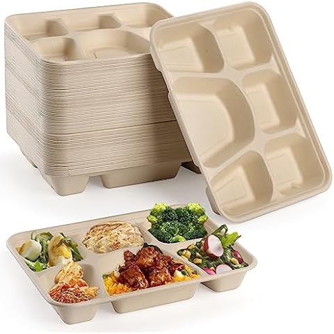 Peohud 50 Pack 6 Compartment Disposable Paper Plates, Bagasse School Lunch Tray, Heavy-Duty Sugarcane Plates, Microwavable Safe Cover