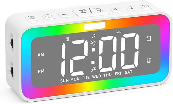Cooluck Digital Alarm Clock for Bedrooms, Loud Dual Alarm for Heavy Sleepers, Large Display Desk Clock with 7 LED Night Lights, Nature Sounds, for Adults, Teens, Home or Office White
