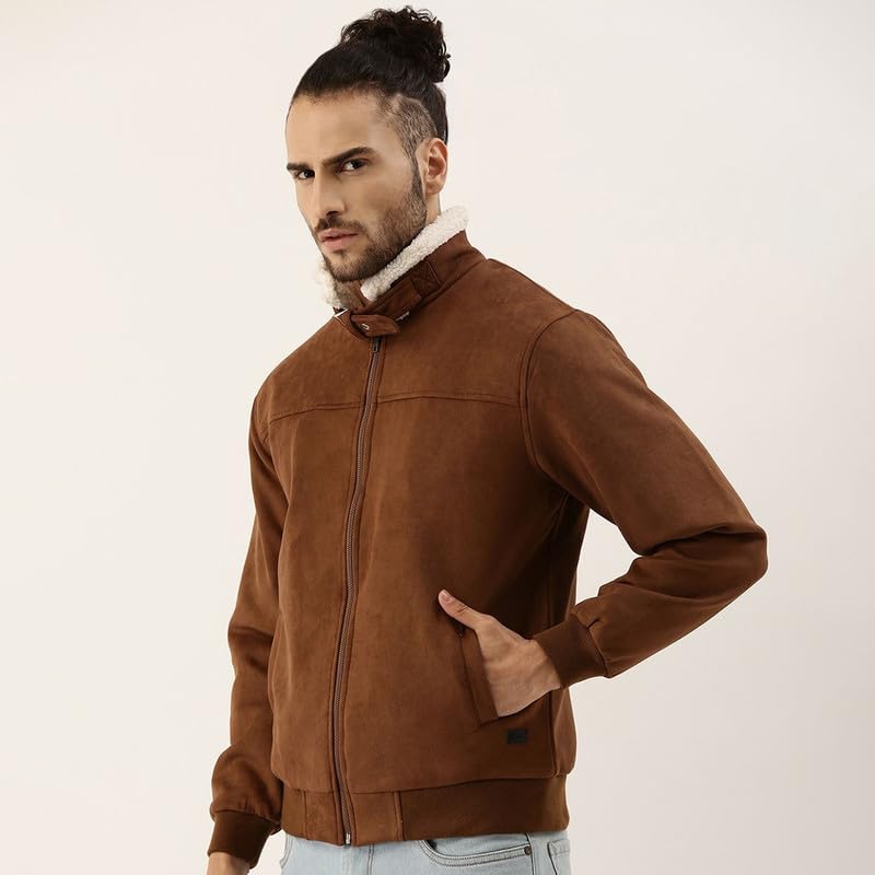 Image of CAHOOT Men's Front Zipper Jacket with Fleece for Casual Wear | Long Sleeve | High Neck | Zipper Closure | Suede Jacket Crafted with Comfort Fit for Everyday Wear