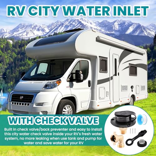 Image of RV City Water Inlet with Check Valve, 3 /4 NH Female to 1 /2 NPT Male Thread Fresh Water Inlet Replacement, City Water Fill Inlet Connection with Dust Plug for RV Camper Motorhome Trailer Marine