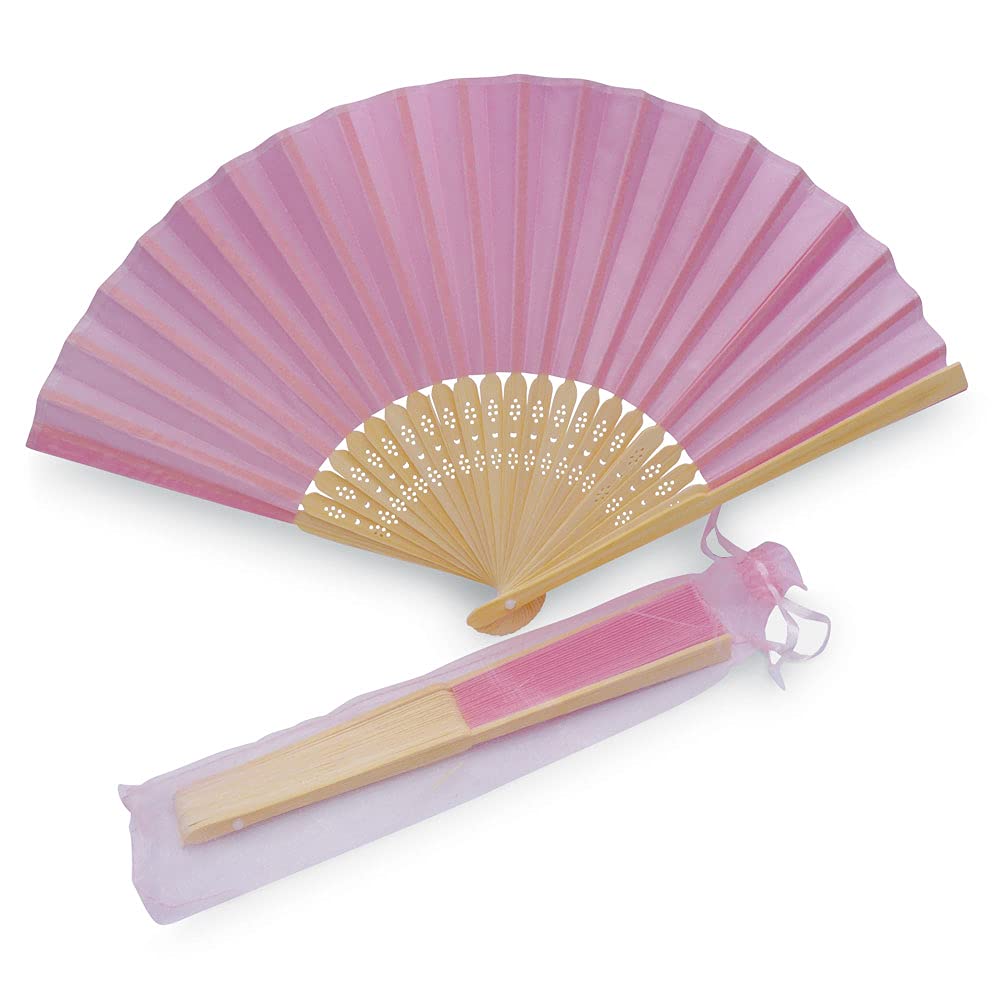 OLILLY 50 Abanicos de Seda para Boda de Color Rosa con Bolsita Individual en Organza (50 Abanicos) (Rosa, 50 Abanicos)