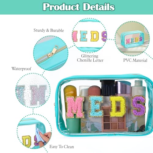 Chenille Letter Clear Makeup Bag, Portable Preppy Patch Cosmetic Toiletry Storage with Zipper Clear Travel Storage Bag for Women4