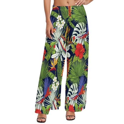 Palazzo Pants for Women - Tropical Plant Cute Colorful Parrot Womens Wide Leg Baggy Pants, Comfy Casual Lounge Pants