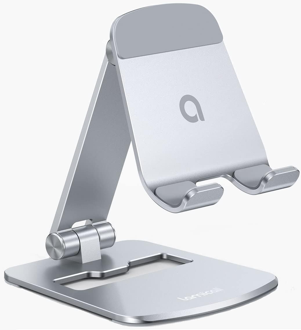 [𝟮𝟬𝟮𝟯 𝙐𝙥𝙜𝙧𝙖𝙙𝙚𝙙] Aluminum Stable Large Base Phone Stand Holder for Desk, Superb Surface Craftsmanship, Portable Cell Phone Dock, Compatible with 4-10'' Cellphone and Tablets, Silver