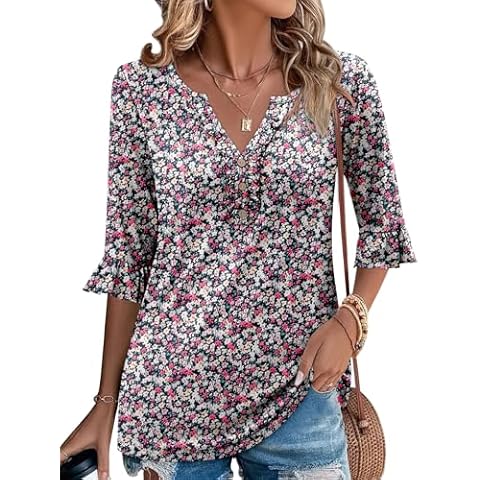 BETTE BOUTIK v neck short sleeve tops for women pleated floral casual spring v neck blouse PinkWhite Medium Cover