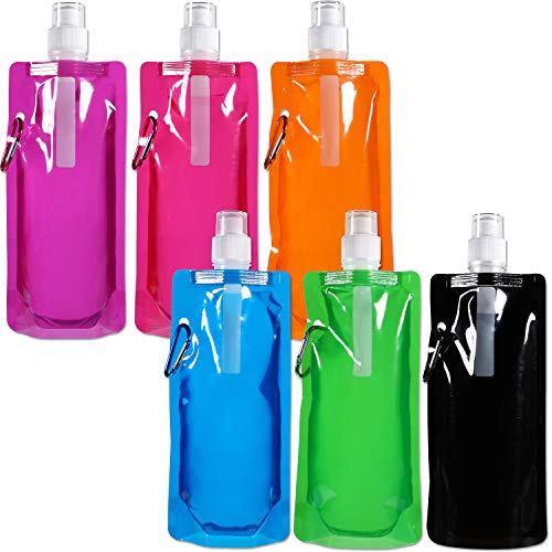 6 Piece Collapsible Water Bottle Reusable Foldable Drinking Water Bags with Clip Light Weight Leak Proof Water Bottles for Sports, Biking, Hiking Travel, 6 Colors