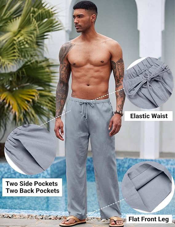 Image of CB-COLEBROOK Mens Casual Linen | Elastic Waist | Drawstring Summer Beach Yoga Linen Trouser | Loose Fit Pyjama Pants for Man