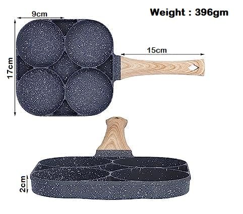 Non Stick Frying Pan 4 Hole Ceramic Pan for Cooking Egg Frying Pan with Wooden Handle Small Non Stick Omelette Pan Iron Cooking Pans for Kitchen (1pcs) (Black)