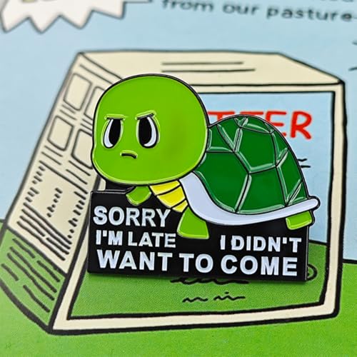 Image of Sorry I'm Late Enamel Pin, Green Turtle Cartoon Animal Pin for Backpacks, Hats, Bags