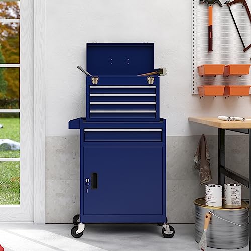 5-Drawers Rolling Tool Chest Tool Box With Wheels, 2-In-1 Detachable Tool Storage With Large Cabinet And Sliding Drawers, Removable Tool Box Organizer With Lockable For Garage, Workstation (Darkblue) #TOP5