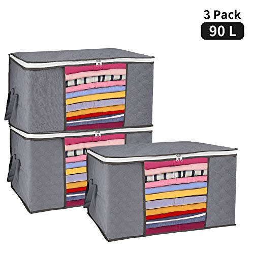 GEEDIAR Aufbewahrungstasche - 3 Stück 90L Faltbare Kleideraufbewahrung Groß - Unterbett Aufbewahrungstasche mit Langlebige Reißverschluss und Griffe für Bettdecken, Kissen, Kleidung, Decken, Grau