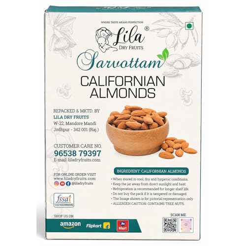 Image of LILA DRY FRUITS Premium Sarvottam Almonds 200 grams Crunchy Badam Nuts for Daily Snacking, Cooking & Healthy Eating | Natural Whole Almond Kernels Perfect for Gifting