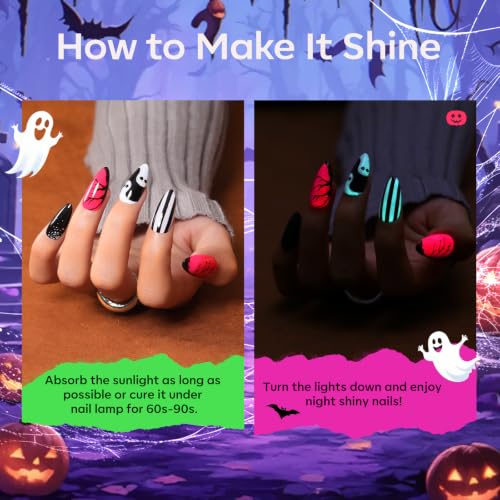 Image of modelones Halloween Gel Nail Polish Set, Glow in the Dark Fluorescent Shade | 6 Colors Neon Pumpkin Orange Green Purple Hot Pink White Black Fall Gel Polish Set, with Nail Stickers, Soak Off UV Nail Art