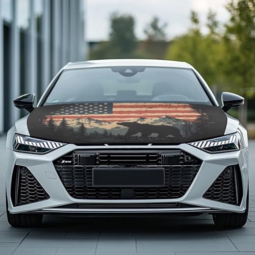 Image of Car Hood Flag Cover, A Decorative Windshield Snow Cover with American Flag Mountain Bear Design for Cars, Trucks, and Vans