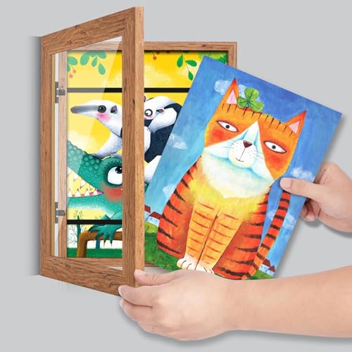Image of GULETHUN [2-Pack] Kids Art Frames, 9x12 Front Opening Kids Artwork Frames Changeable, Dark Wood Grain Artwork Display Storage Frame for Wall, Holds 50 Pcs, for 3D Picture, Crafts, Children Drawing