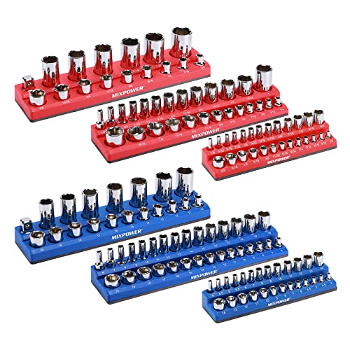 Image of MIXPOWER 6 Pieces SAE and Metric Magnetic Socket Organizers, Total 143 Slots, 1 /4 inch, 3 /8 inch and 1 /2 inch Drive, Magnetic Socket Holder Kit - Red /Blue