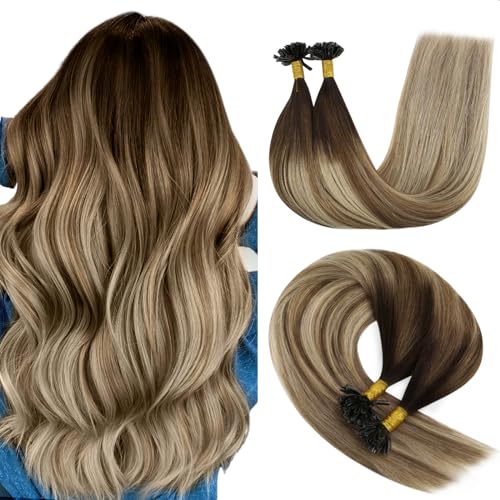 Image of YoungSee Utip Hair Extensions Human Hair Balayage Brown U Tip Hair Extensions Ombre Dark Brown Balayage Blonde Keratin Hair Extensions Silky Straight for Natural Looking 1s /strand 50g 14 Inch
