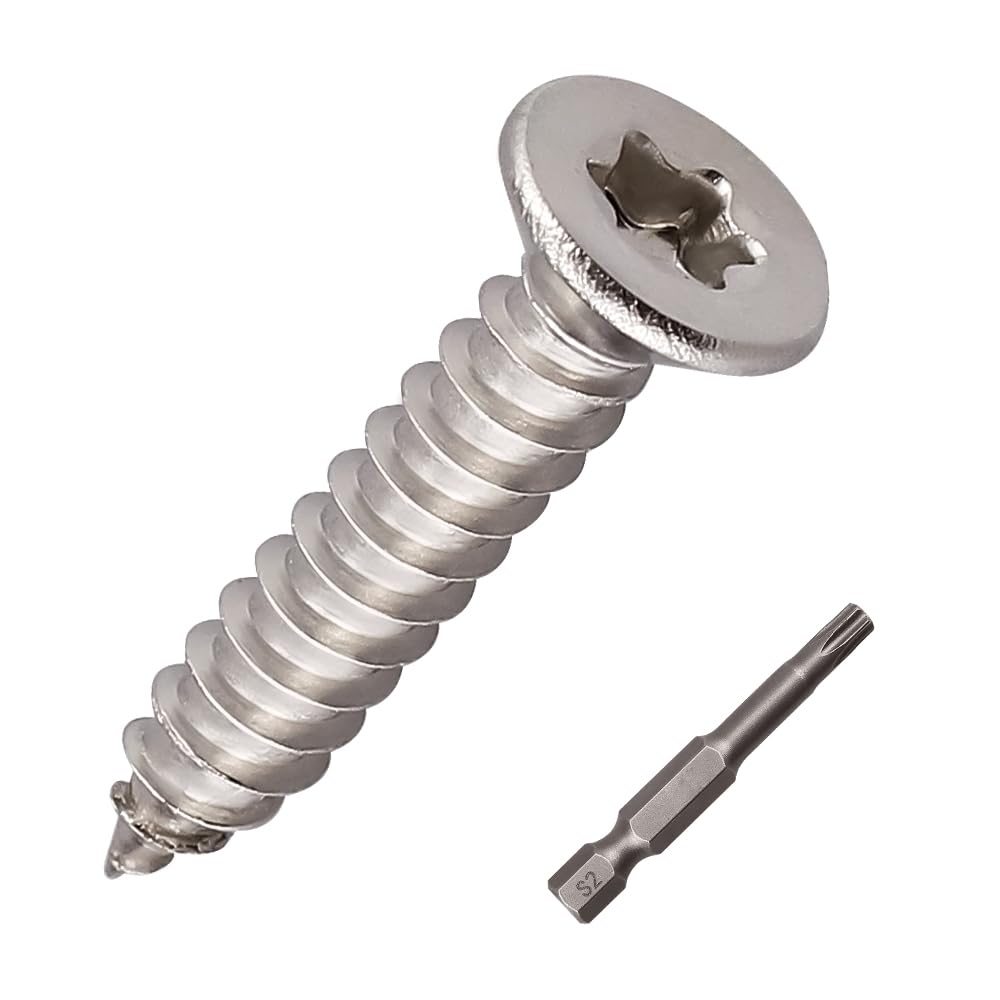 Photo 1 of 100 Pcs #8 x 5/8 Torx Flat Head Sheet Metal Screws with Bit, 304 Stainless Steel 18-8, 6-Lobe Star Drive Self Tapping Screws for Decking & Door Frames
