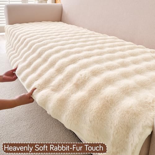 Image of HOKIPO 'FurHug' Luxury Faux Rabbit Fur Anti Slip 3 Seater Sofa Mat, Beige (AR-5015-CRM*1)