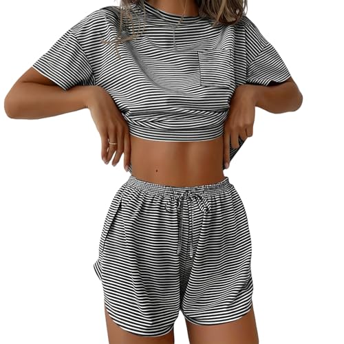Ekouaer Womens Striped Pajama Sets Sexy Lounge Sets Side Split Short Pj Sets Cute Pjs 2 Piece Comfy Sleepwear Loungewear Black and White Stripes Large