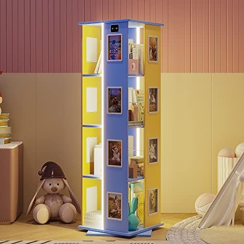 Vlsrka Rotating Bookshelf with 3 LED Lights, 4 Tier Kids Bookshelf Revolving Bookshelf Corner Tall Bookshelf Freestanding Bookcase Storage Rack with New Photo Frames for Bedroom Study Living Room