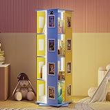 Vlsrka Rotating Bookshelf with 3 LED Lights, 4 Tier Kids Bookshelf Revolving Bookshelf Corner Tall B