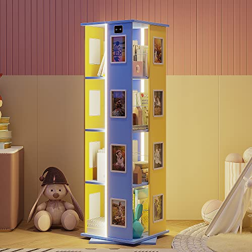 Vlsrka Rotating Bookshelf With 3 Led Lights, 4 Tier Kids Bookshelf Revolving Bookshelf Corner Tall Bookshelf Freestanding Bookcase Storage Rack With New Photo Frames For Bedroom Study Living Room #TOP3