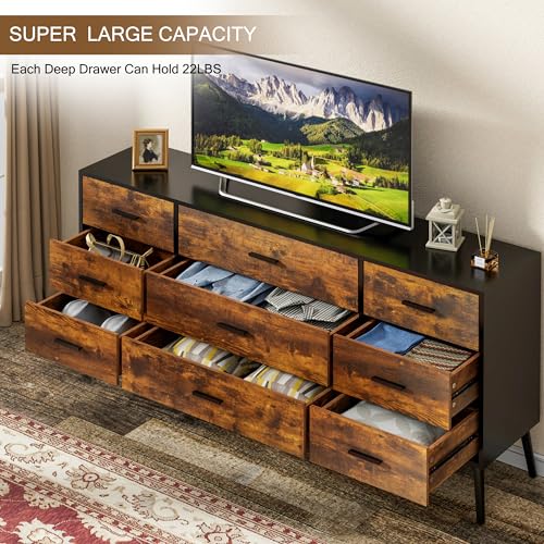 Anbuy 9 Drawer Double Dresser with Different Size Drawers, Farmhouse Wood Dresser Dual Chest of Drawers Modern Dresser for Bedroom(Brown and Black)