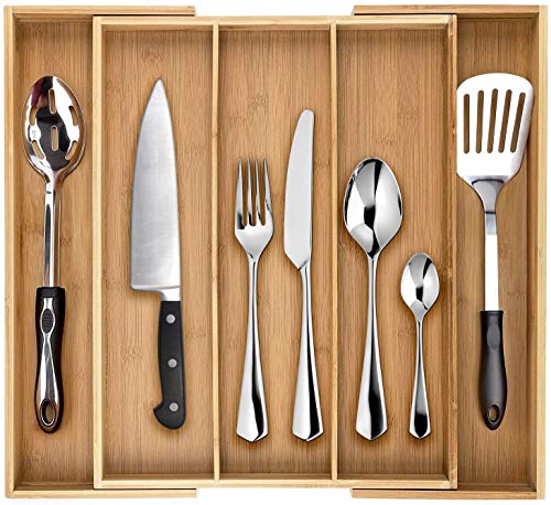 Premium Bamboo Drawer Organizer, Silverware Organizer, 100% Pure Bamboo, Adjustable Utensil Organizer, Kitchen Drawer Organizer, Silverware Tray for Drawer (3-5 slots)