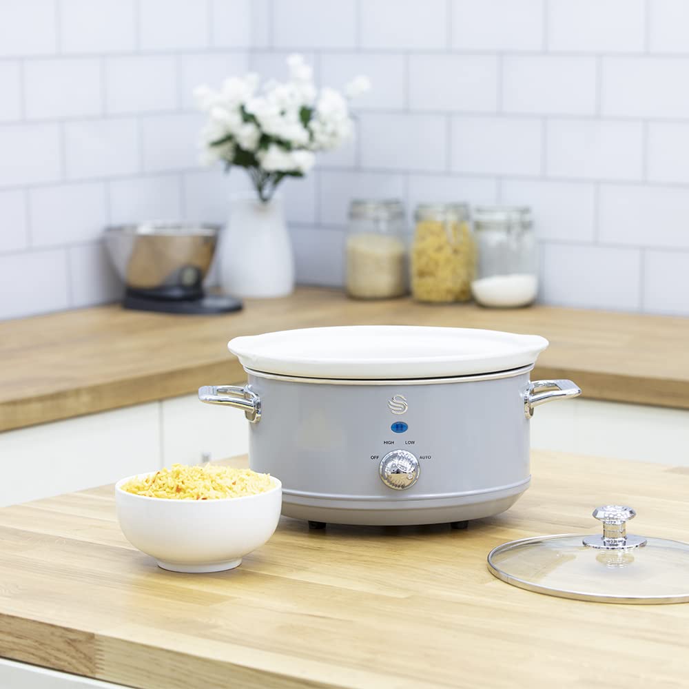 Swan Retro SF17021GRNENEW kookpan, 3,5 l, afneembare container, anti- aanbaklaag, PFOA en PTFE-vrij, 3 temperatuurniveaus, glazen deksel, slow cooker, vintage design, grijs, 200 W