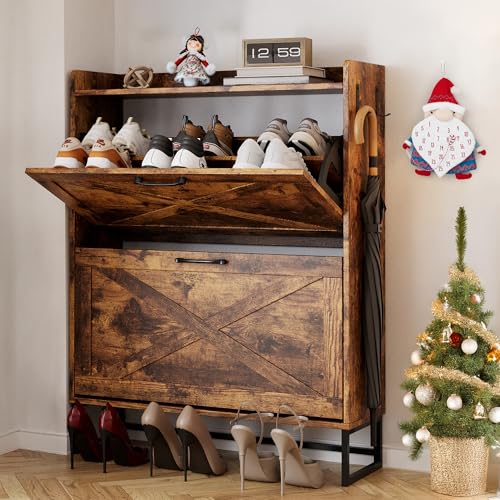 NUNU LAB Farmhouse Shoe Cabinet Storage for Entryway with 2 Flip Drawers & Adjustable Shelf, Narrow hidde Shoe Organizer for Entryway Holds 12+ Pairs – Holds 12+ Pairs